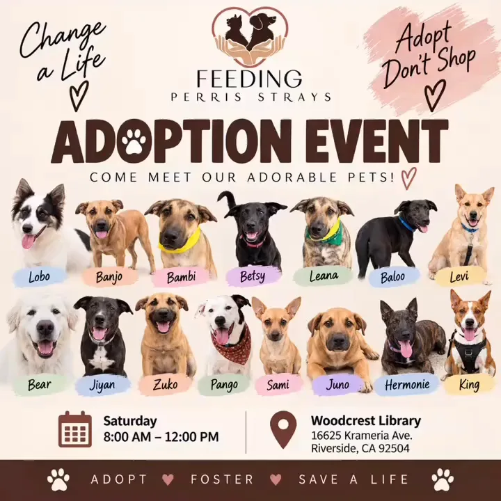 Adoption event flyer for Woodcrest Library in Riverside on September 19, 2026, featuring dogs Lobo, Banjo, Bambi, Betsy, Leana, Baloo, Levi, Bear, Jiyan, Zuko, Pango, Sami, Juno, Hermonie, and King